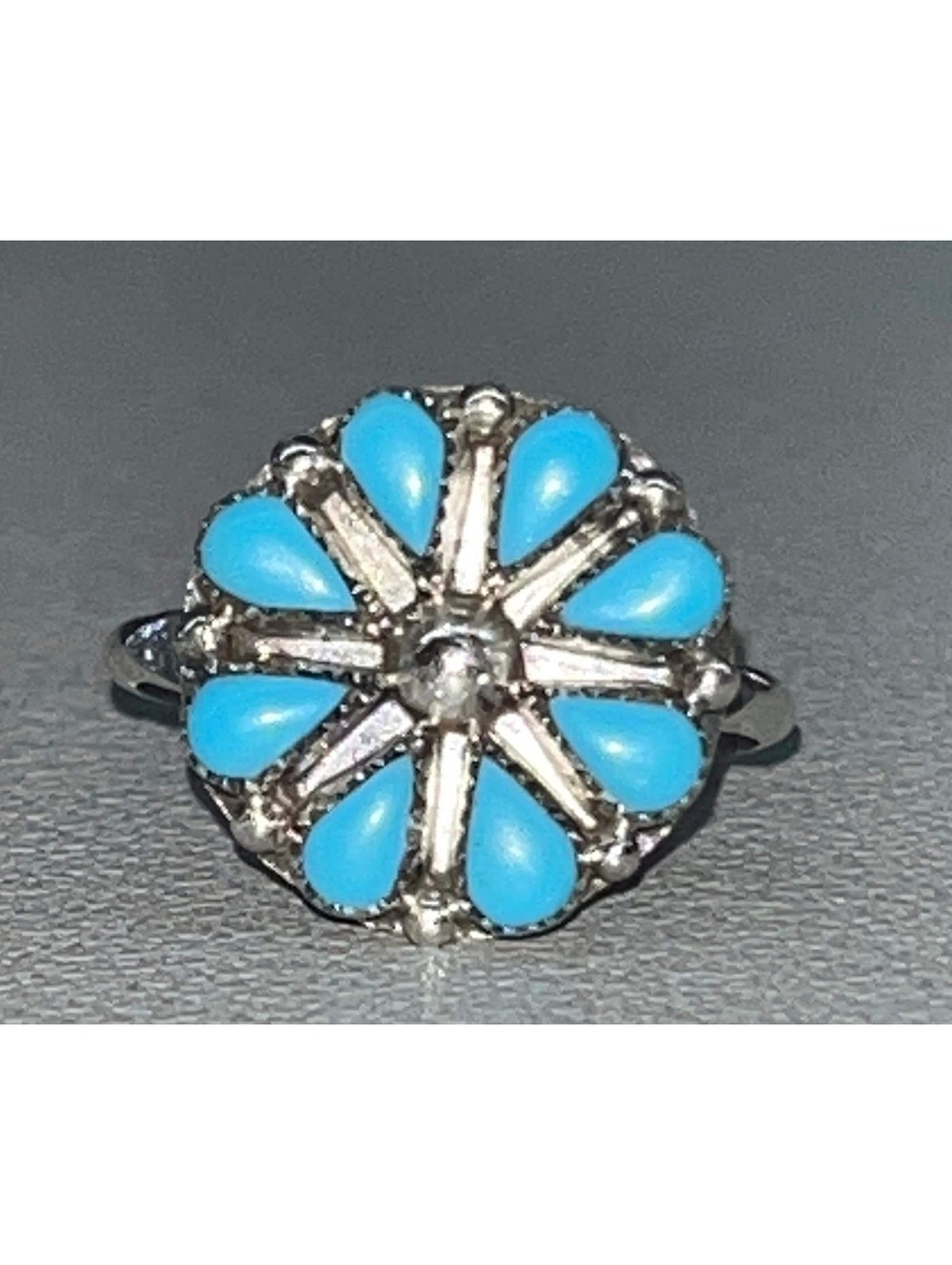 Zuni Native American handmade turquoise sterling silver cluster ring size 5.5